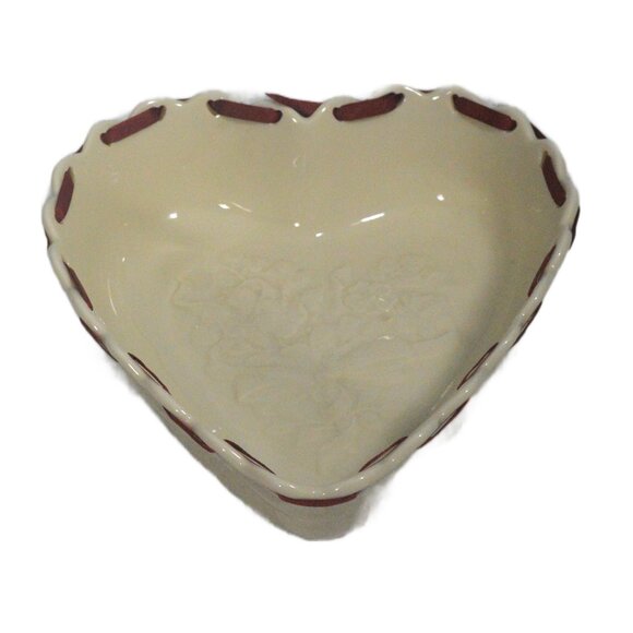 Longaberger Sweetest Heart Dish Ivory Ceramic Bowl with Pierced Ribbon Edge - Picture 1 of 5